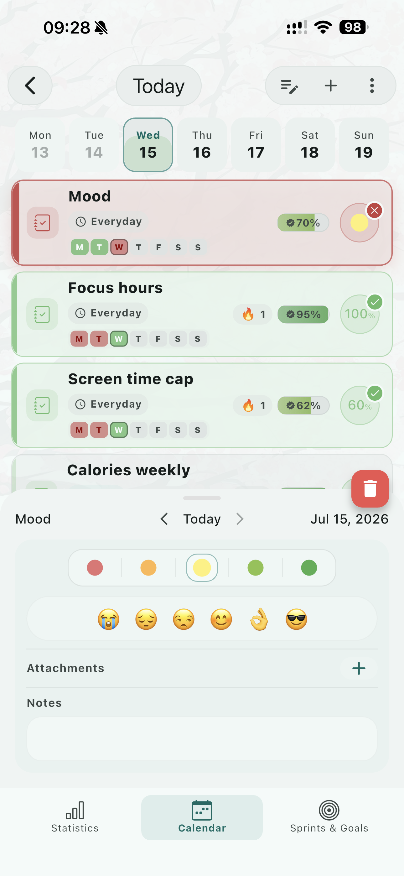 LifeTrack calendar showing flexible trackers, completion percentages, mood, notes, statistics, and Sprints & Goals